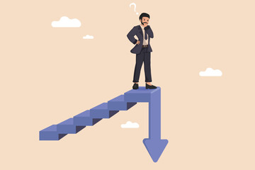 Obraz premium A confused businessman stands at the edge of a downward staircase, symbolizing the challenges of market decline and financial uncertainty.