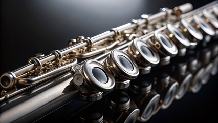 Obraz premium Close-up of Silver Flute Keys, Musical Instrument Detail, Dark Background