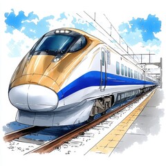 Fototapeta premium Gold and Blue High Speed Train Watercolor Illustration
