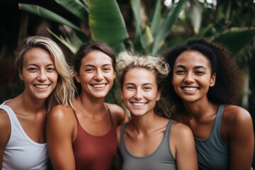 Fototapeta premium Portrait of smiling group of female yoga instructors in Bali
