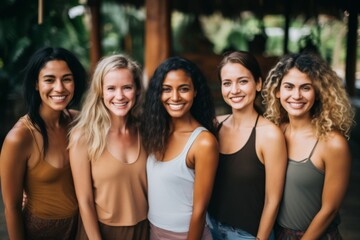 Fototapeta premium Portrait of smiling group of female yoga instructors in Bali