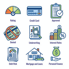Credit Score and Loans Icon Set with Approved Credit Underwriting Interest Rates Debt Mortgage Refinance