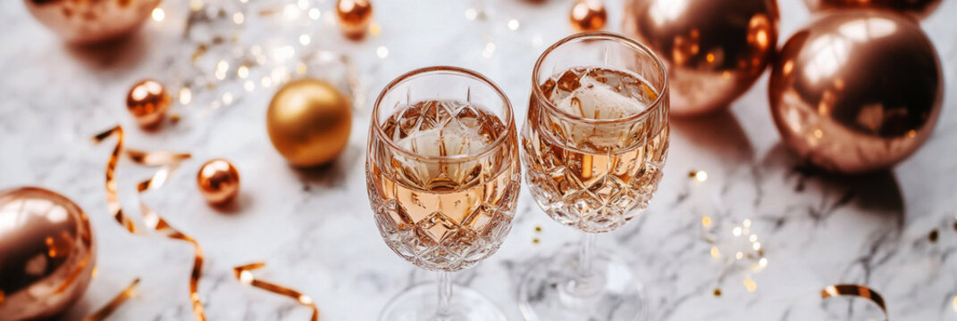 Crystal glasses with bubbly wine rest on a sleek marble table, adorned with rose gold balloons and metallic streamers, perfect for a chic, luxurious, and jubilant party celebration, banner