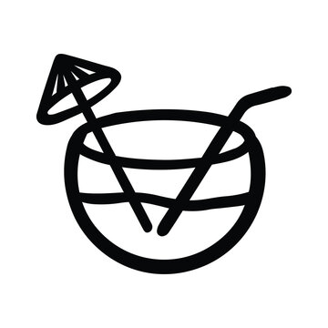 Fishbowl Cocktail with Drink umbrella Icon Hand Drawn Black White Thick Lines