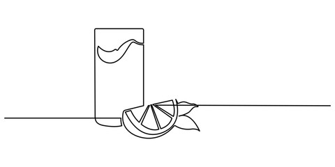 Continuous one line drawing of orange juice vector illustration . Orange juice in a glass with lemon wedges on the glass. Glass of orange drink and lemon slices in doodle style. Editable stroke.