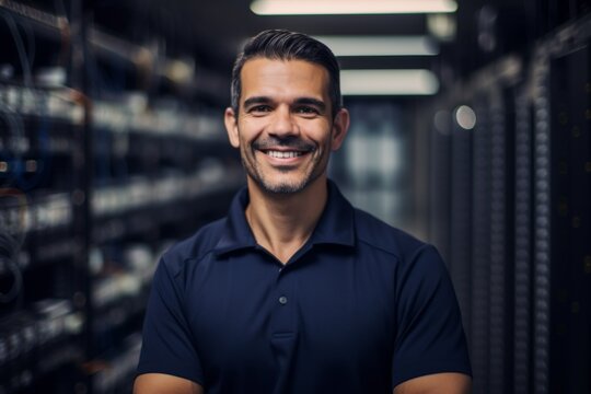 Portrait of smiling hispanic male technician in server room