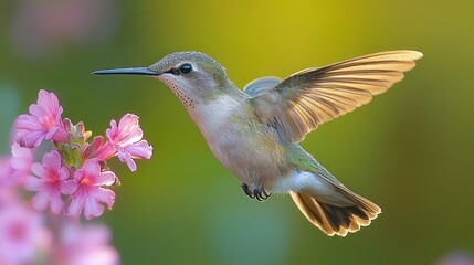 Fototapeta premium Hummingbird in flight, near flowers