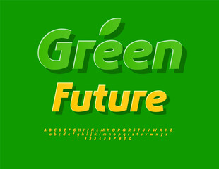 Vector Natural template Green Future. Yellow Sticker Font. Set of Innovative Alphabet Letters and Numbers