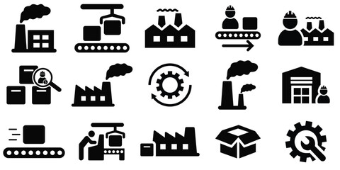 Industrial Factory Line Icons – Editable Vector Set with Machinery, Automation, and Production Elements
