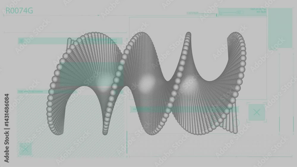 Poster 3d render sphere wave moving across virtual interface, showing teal ui panels, lines, labels