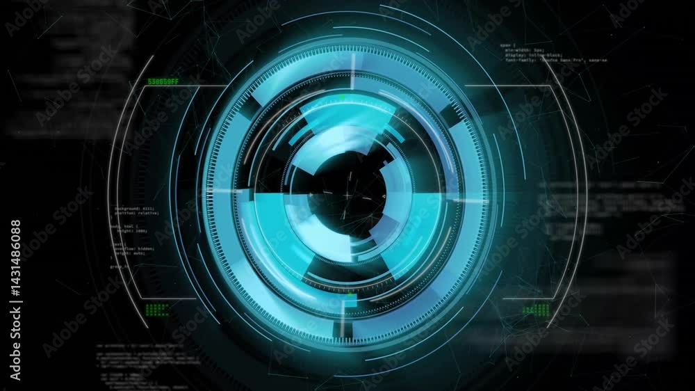 Poster central hud interface displaying glowing concentric circles and rotating segmented bars over code