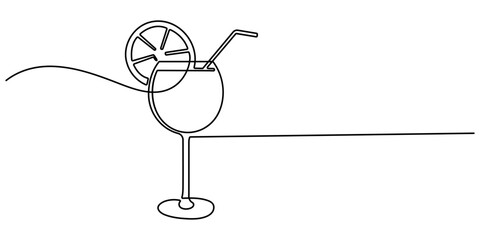 Continuous one line drawing of orange juice vector illustration . Orange juice in a glass with lemon wedges on the glass. Glass of orange drink and lemon slices in doodle style. Editable stroke.
