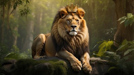 Obraz premium Royal Lion with Crown – Majestic King of Jungle Artwork in Black and White