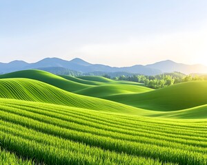 Naklejka premium Rolling green hills and fields at sunrise
