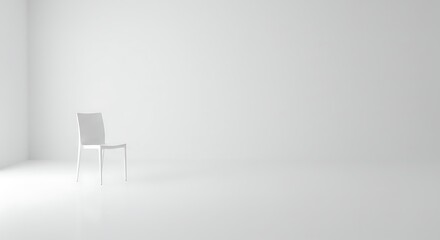 A minimalist chair in a blank space, creating a sense of simplicity and emptiness. The chair stands alone, suggesting solitude or waiting. The scene evokes a feeling of stillness