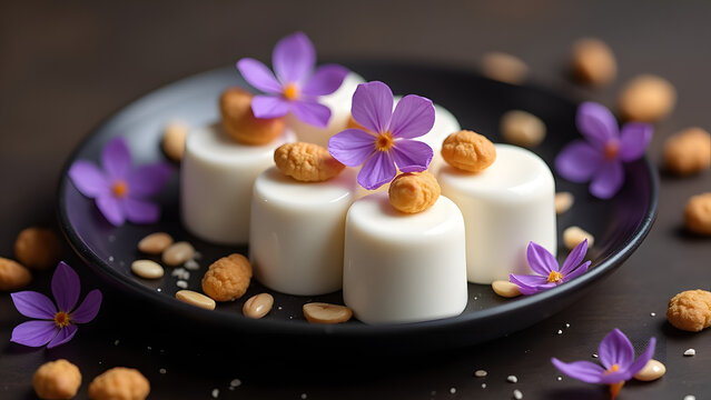 White Cubed Dessert with Peanuts and Purple Flowers on Black Plate spa still life with candles