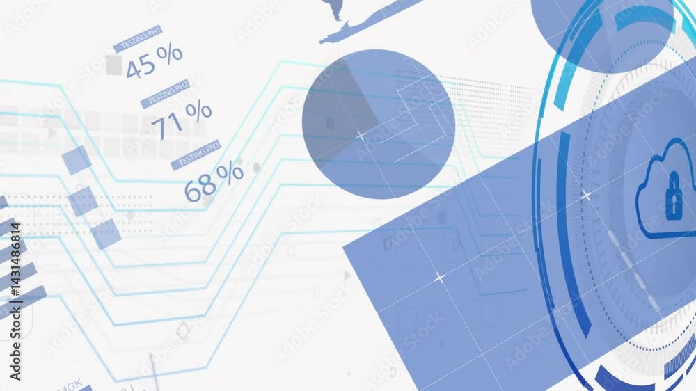 Poster Digital data visualization showing blue circuit lines with testing phase metrics, HUD cloud padlock