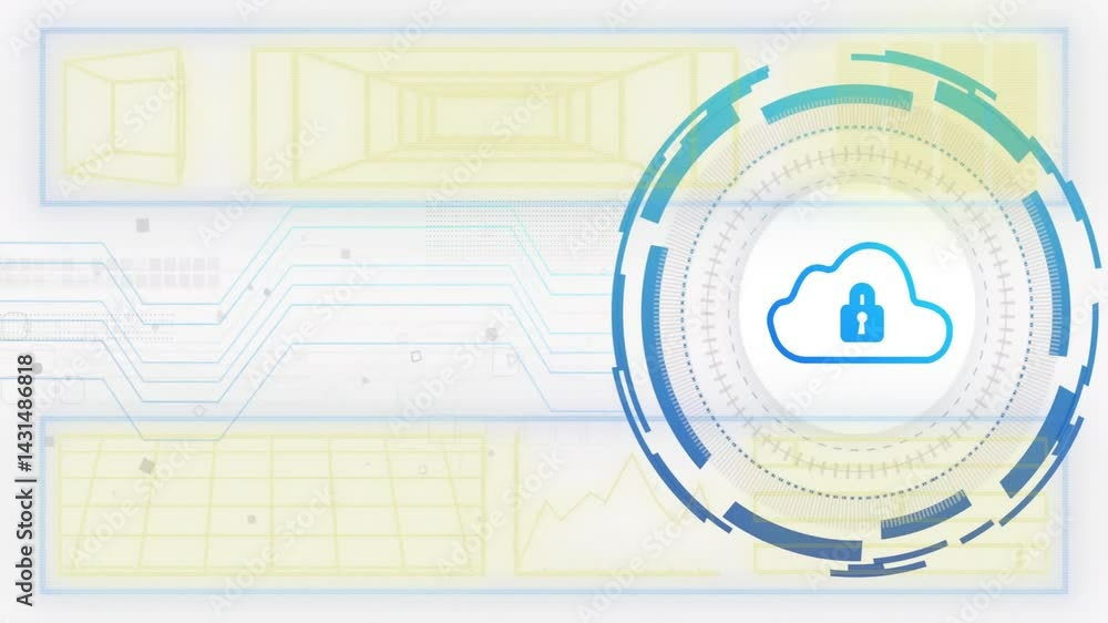 Poster cloud lock interface animating over abstract panels, with segmented hud rings and circuit lines