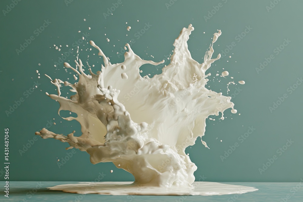 Poster creamy liquid explodes upwards, creating a dynamic splash against a muted background. the substance 