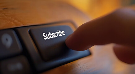 Close-up of a finger pressing a black "Subscribe" button on a keyboard, symbolizing digital engagement, content marketing and online service registration.