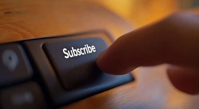 Close-up of a finger pressing a black "Subscribe" button on a keyboard, symbolizing digital engagement, content marketing and online service registration.