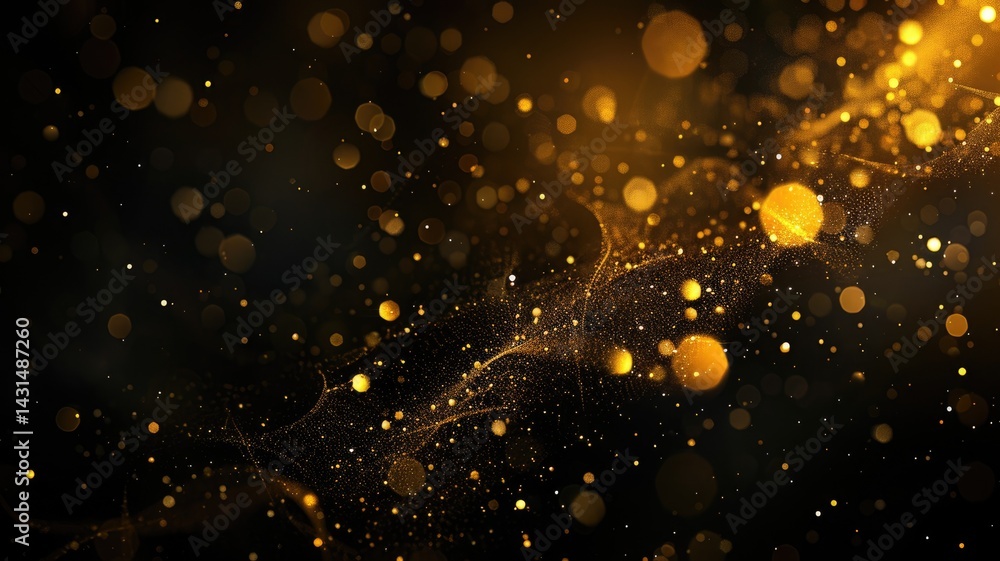 Poster elegant picture of gold light sparkling particles scattered across a deep black background, create a