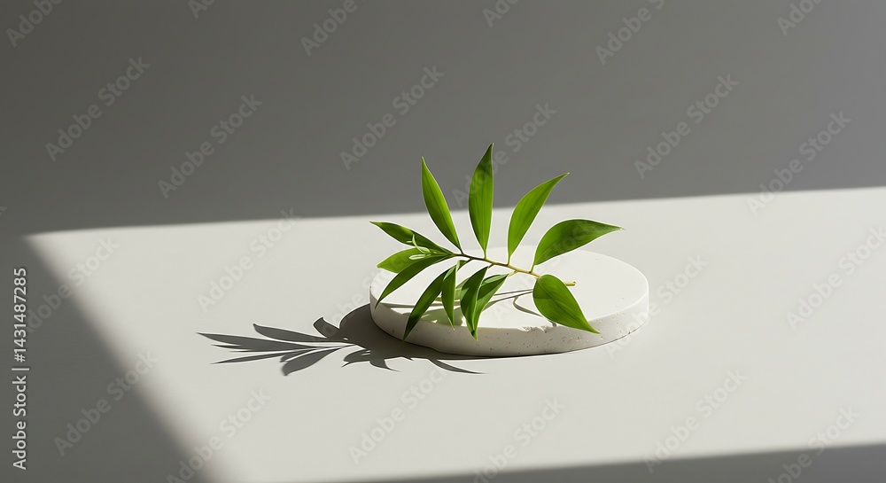 Poster a minimalistic shot of a single leaf branch on a white round surface, with its shadow cast across a 