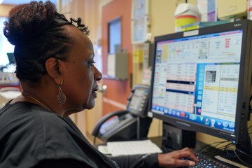 Registered nurse reviews patient charts on a computer monitor at nursing station
