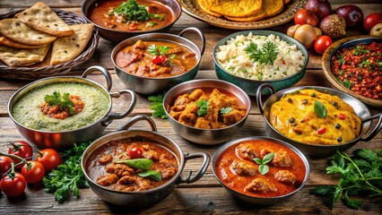 Indian Cuisine, Spicy Dishes, Wooden Table