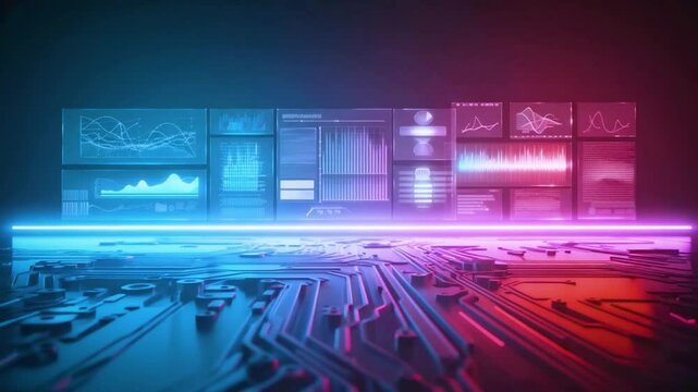 Circuit board reacting to human emotions, color-shifting from calm blue to angry red, emotion data visualizations overlay, cyberpunk noir lighting, dramatic angles