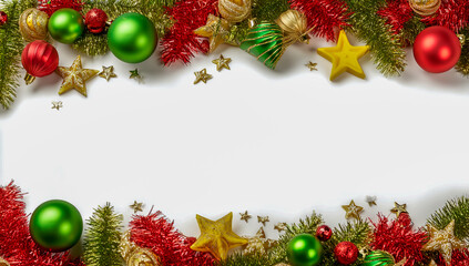 Christmas-themed frame border with red, green, and yellow ornaments, stars, and tinsel on a white background