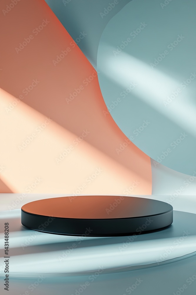 Poster 3d rendering of black round pedestal on light gradient background with soft geometric shapes