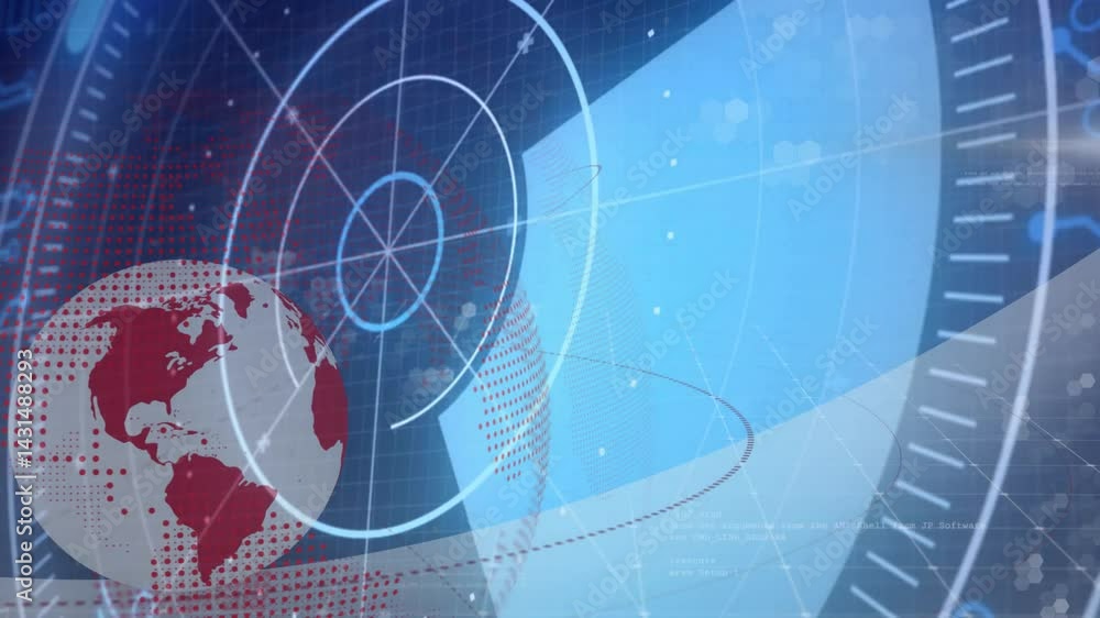Poster digital globe showing red continents rotating over blue grid, displaying radar rings with hexagons