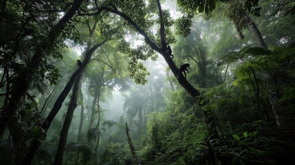 Monkeys in a Lush Tropical Forest Canopy