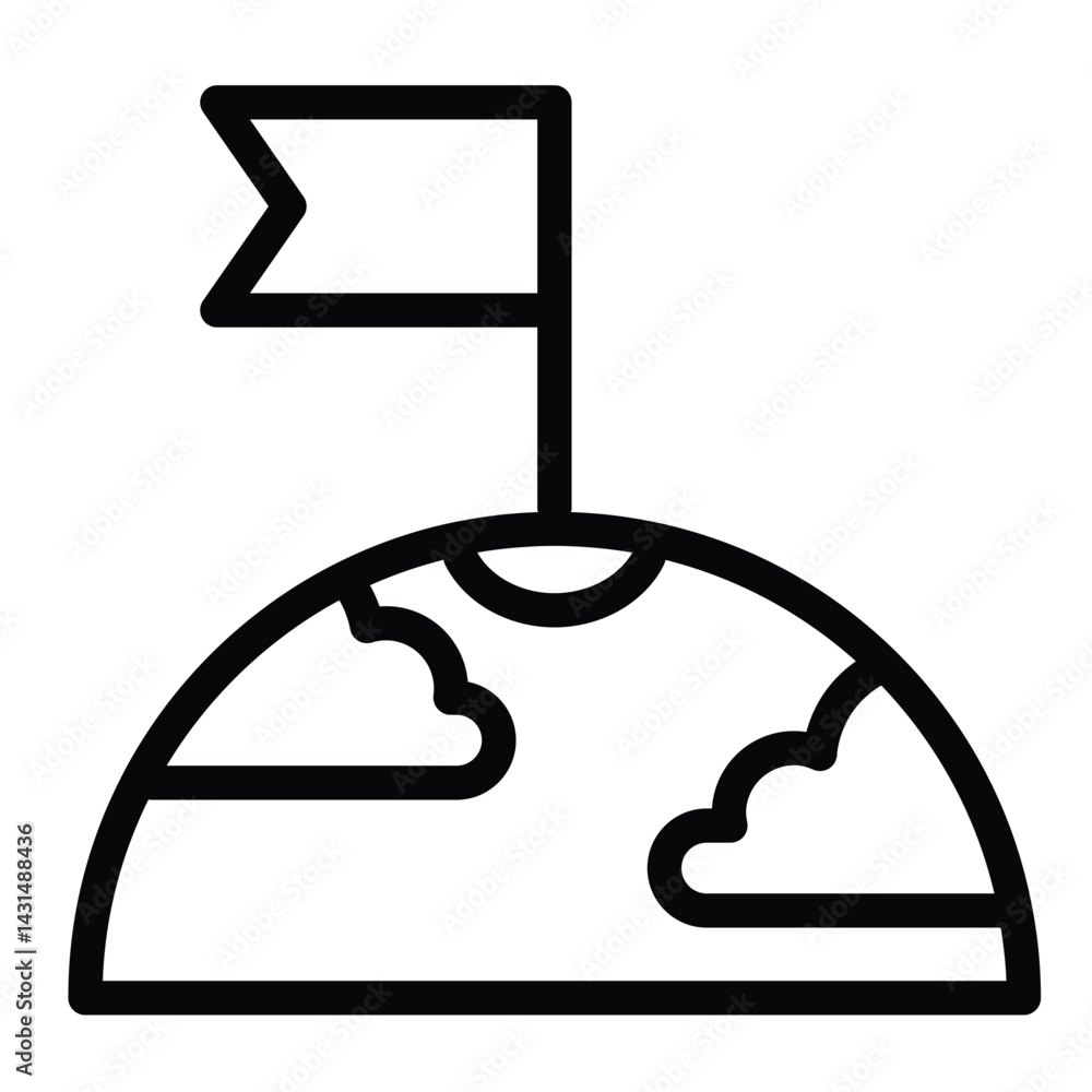 Poster planet surface with clouds and flag line icon, cosmos concept. vector graphics. first tearer mark on