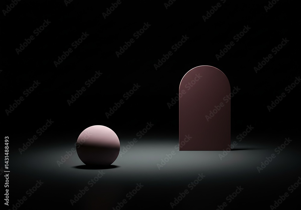 Aufkleber a minimalist abstract scene with a sphere and a arch shape, illuminated by a single spotlight on a d
