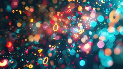Naklejka premium Abstract particles glowing bright colorful light. Dust with digital effect floating on wonderful scenery scatter around background convey sense of chaotic and energetic perfect for wallpaper. AIG53.