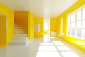 Obraz premium Sunlit modern room with yellow walls, white floor, and staircase
