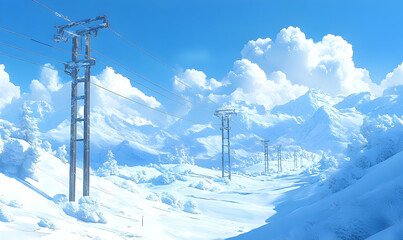 Snow-covered mountain landscape with ski lift towers under a bright blue sky and fluffy clouds