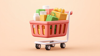 3D shopping cart filled with colorful boxes and products on pastel background