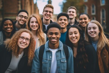 Obraz premium Smiling portrait of a diverse group of students on a college campus