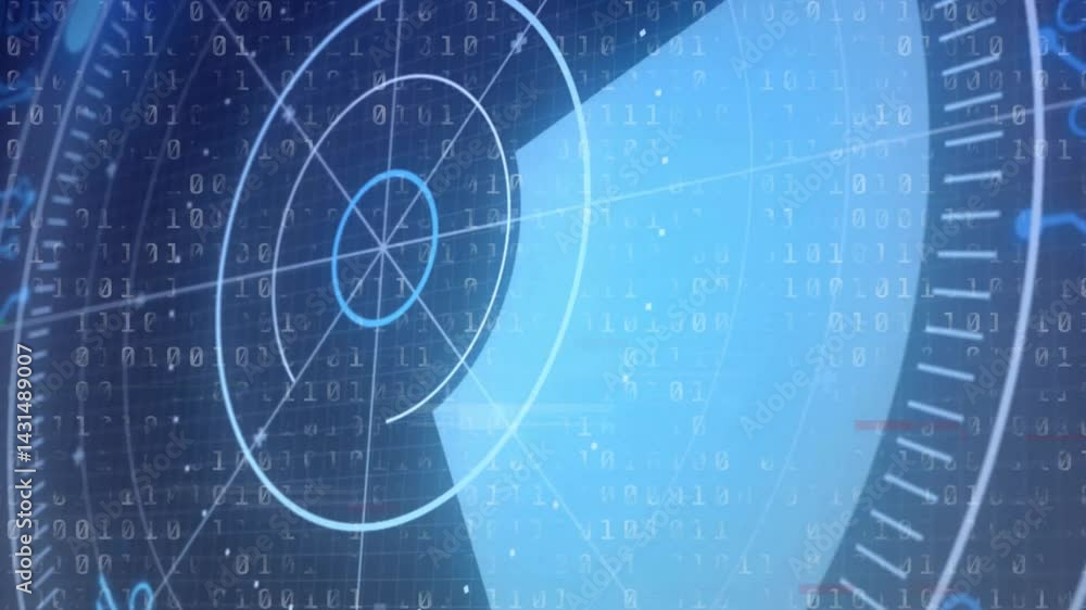 Poster concentric radar graphic rotating in animated illustration, displaying binary code overlay and grid