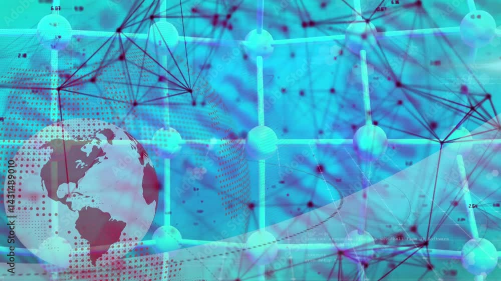Poster stylized earth globe rotating at left, 3d network of glowing nodes displaying dotted grid and code
