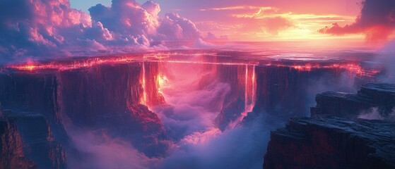 Fototapeta premium Colorful landscape illustration with cliffs water and sky at sunset or sunrise.