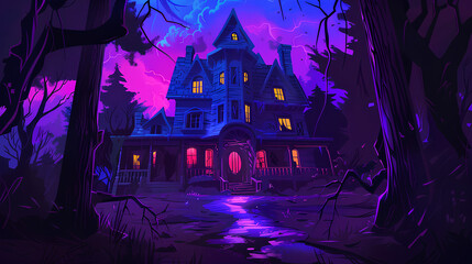 Old haunted house, illuminated by purple light