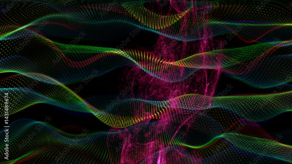 Poster flowing 3d dotted waveforms weaving around central magenta particle column on black void