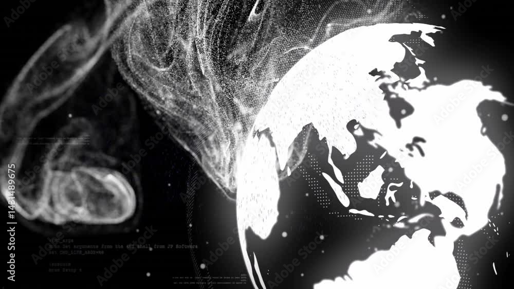 Poster 3d globe being rendered in digital scene, showing swirling particles and floating code overlays