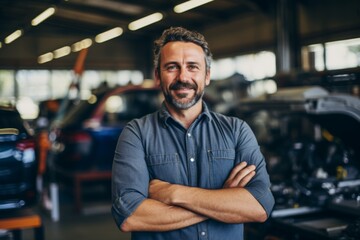 Obraz premium Smiling portrait of a middle aged Caucasian car mechanic working in a car mechanic shop in the USA