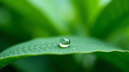 Macro Photo of Fresh Green Leaf with Single Clear Water Droplet on Tip &ndash; Natural Light, Soft Bokeh Background, Ideal for Eco-Friendly Visuals, Wellness Branding, and Nature Photography