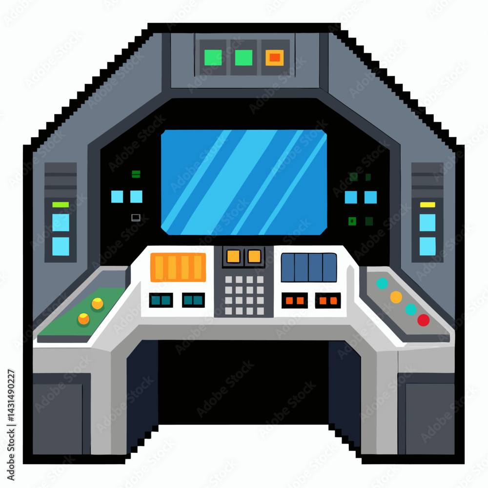 Aufkleber retro pixel art spaceship cockpit interface with monitors and control panels